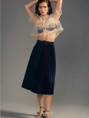 Mare Mare X Anthropologie Navy Belted Pleated Midi Skirt XS Cotton Viscose (880)